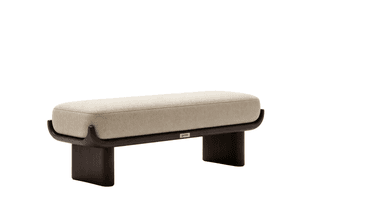 A modern, rectangular upholstered bench featuring a light beige, textured fabric seat atop a dark, solid wood frame. The frame has a distinctive curved design that cradles the upholstered top, supported by thick, rectangular wooden legs. A small metallic plaque, likely a brand emblem, is visible on the side of the wooden frame. — 3D model