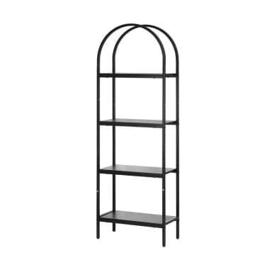 A black metal bookshelf with four shelves. The frame has a distinct arched top. The shelves are rectangular and appear to be made of a solid material, possibly wood or metal, with a matte black finish. The overall design is minimalist and modern. — 3D model