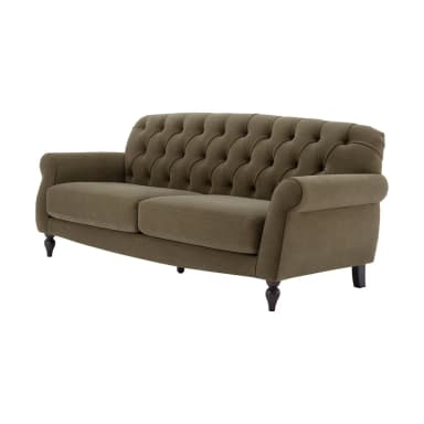 A classic tufted sofa with rolled arms and a supportive backrest. The upholstery features a diamond tufting pattern, with buttons strategically placed to create indentations in the fabric. It has a two-cushion seat and a slightly curved back. The sofa rests on four short, dark, turned legs. — 3D model