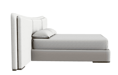 A modern white upholstered bed frame with a curved, winged headboard. The headboard features vertical gold-tone metal accents. The bed base is low-profile and also upholstered in white, with subtle gold-tone accents at the corners. Two white pillows are placed on the mattress. — 3D model