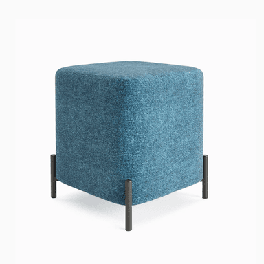 A square-shaped ottoman with rounded edges, upholstered in a textured fabric. It is supported by four slender, cylindrical legs positioned at the corners, extending slightly beyond the base. — 3D model