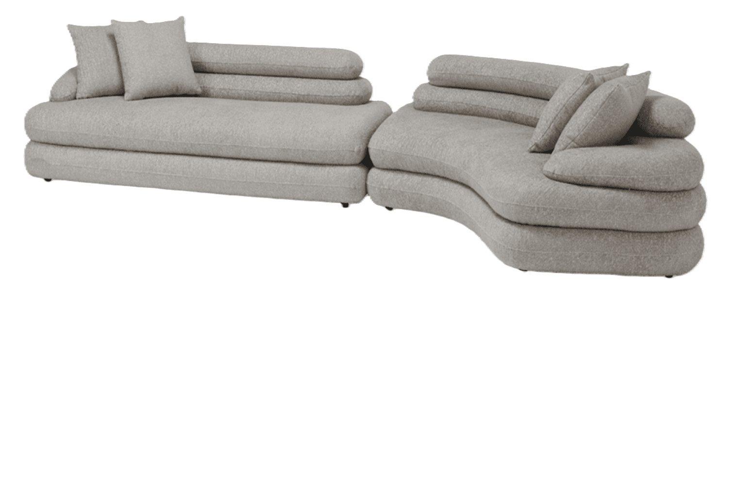 A two-piece modern modular sectional sofa consisting of a straight module and a curved module, both upholstered in a light, textured boucle fabric. The design features soft, rounded edges and stacked, rounded back cushions, complemented by loose throw pillows. — 3D model