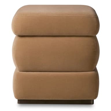 A stacked ottoman with three plush, cushion-like sections. The top two sections appear slightly rounded inwards where they meet the section below, creating a subtle curve. The base is a dark, low-profile plinth. The upholstery is a soft, textured fabric. — 3D model