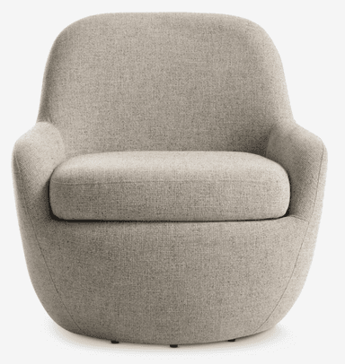 The image displays the back view of a contemporary upholstered barrel armchair. It features a continuous, rounded silhouette with a distinct vertical seam running down the center of the backrest. The chair is covered in a light beige or greige textured woven fabric. The design appears compact and minimalist, with a smoothly curved form that suggests an enveloping, comfortable seat. Small glides or feet are barely visible at the very bottom edge. — 3D model