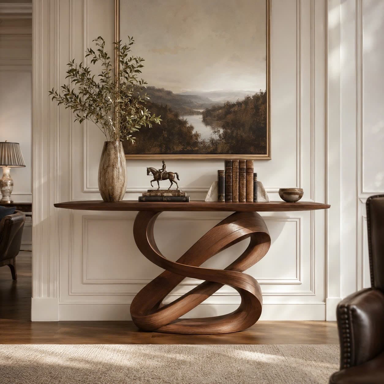 A contemporary console table featuring an elongated oval tabletop crafted from dark walnut wood. The most distinctive feature is its sculptural base, also made of walnut, which consists of multiple intertwined and curving wooden elements forming an organic, artful support structure. — 3D model