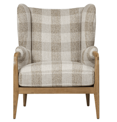 A contemporary wingback armchair featuring a high back with distinctive side wings, upholstered in a light-toned plaid fabric. The chair has an exposed wooden frame with gracefully curved armrests and tapered legs. The upholstery pattern consists of beige, light brown, and off-white squares, creating a warm and inviting appearance. The wooden elements appear to be light-colored oak or a similar wood, providing a natural contrast to the fabric. — 3D model