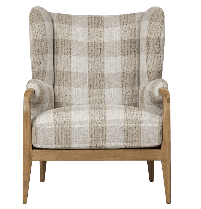 A contemporary wingback armchair featuring a high back with distinctive side wings, upholstered in a light-toned plaid fabric. The chair has an exposed wooden frame with gracefully curved armrests and tapered legs. The upholstery pattern consists of beige, light brown, and off-white squares, creating a warm and inviting appearance. The wooden elements appear to be light-colored oak or a similar wood, providing a natural contrast to the fabric. — 3D model