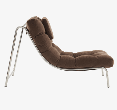 A contemporary lounge chair with a tufted upholstered seat and back, supported by a polished chrome metal frame. It features a reclining backrest and includes a separate headrest cushion. — 3D model