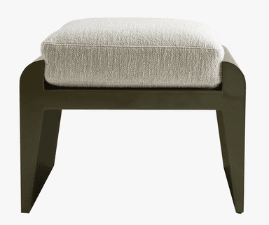 A modern bench featuring a robust dark olive green lacquered wooden frame with rounded ends, supporting a thick, rectangular light beige upholstered cushion. The frame has a glossy finish and integrates the legs seamlessly. — 3D model
