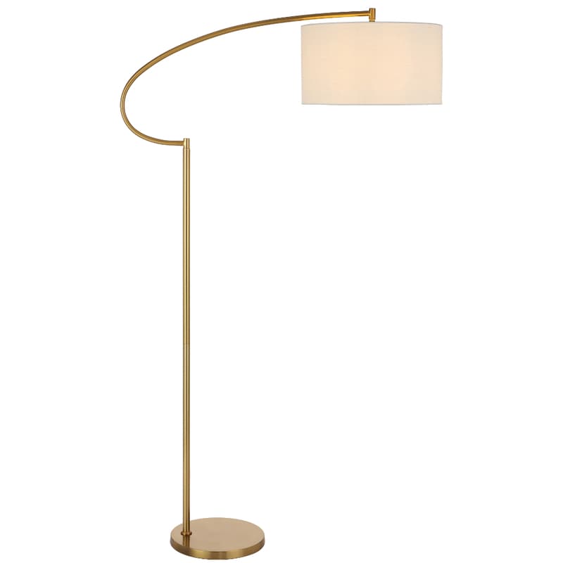 A modern arched floor lamp featuring a polished gold-toned metallic frame and a cylindrical fabric drum shade. The lamp has a slender vertical post extending from a circular base, which then transitions into a gracefully curved arm that suspends the shade over a potential seating area. — 3D model