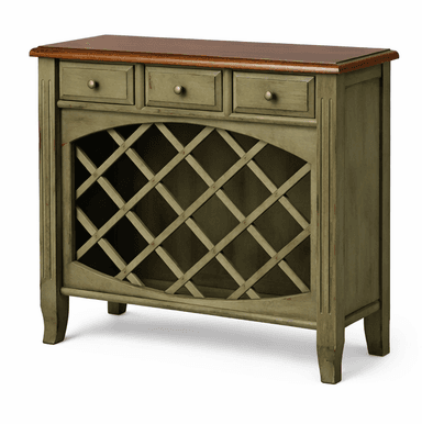 A rustic wine bar cabinet featuring a distressed sage green finish on its wooden frame and a contrasting dark wood top. The upper section contains three functional drawers with simple knob pulls, while the lower half is dedicated to wine storage, equipped with a diamond-patterned lattice designed to hold multiple bottles. The cabinet stands on tapered block feet, and the paint finish exhibits intentional wear for an aged aesthetic. — 3D model