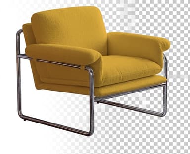 A modern armchair featuring a robust tubular chrome-plated steel frame and plush mustard yellow bouclé fabric upholstery. The design emphasizes a clean, architectural form where the soft, generous cushions for the seat, back, and arms appear to rest within the rigid, minimalist metallic structure. — 3D model