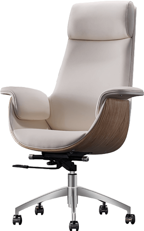A modern high-back executive swivel office chair featuring cream-colored upholstered cushioning for the seat, back, and headrest, encased within a distinctive curved light wood veneer shell. The chair is supported by a polished metallic five-star base equipped with black casters, indicating mobility and a swivel function. Visible controls suggest height adjustment and recline mechanisms are present. — 3D model