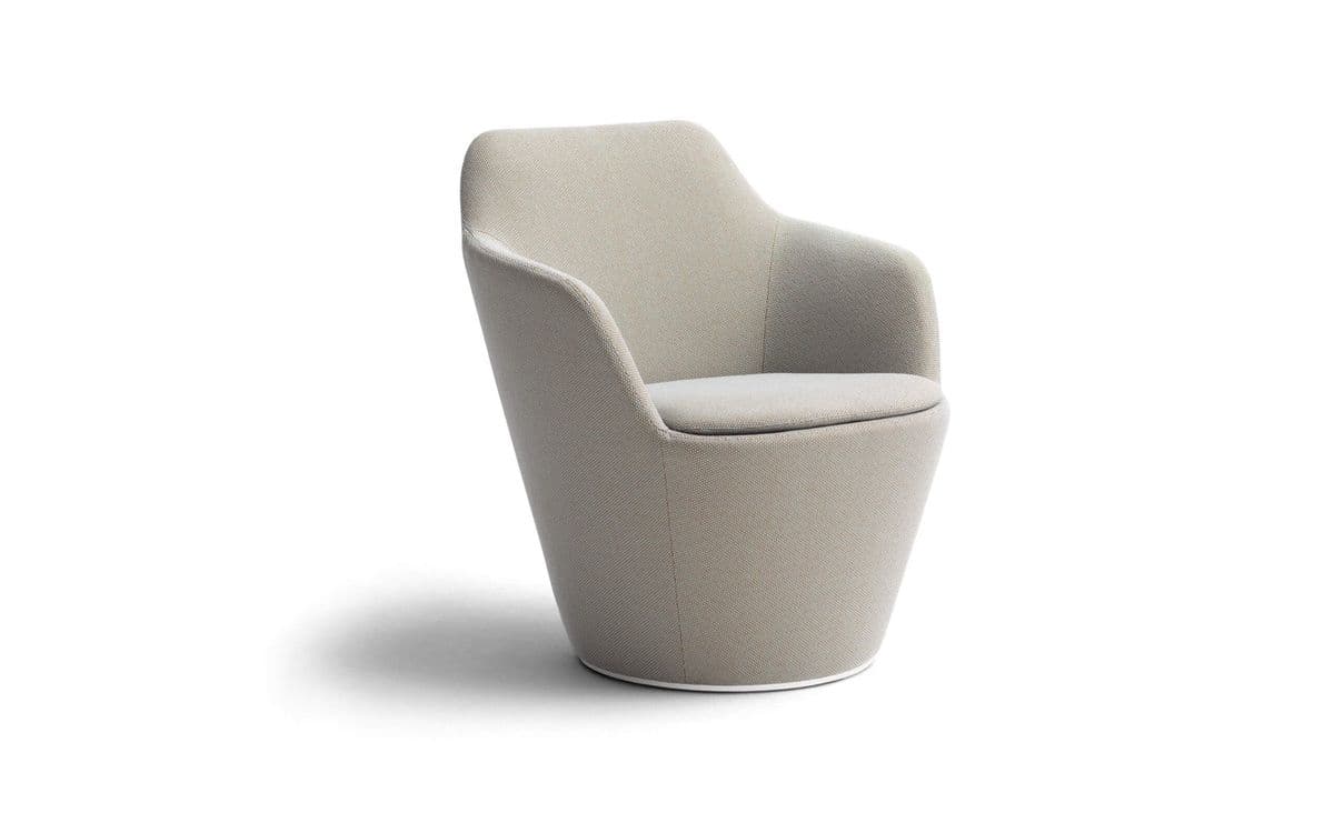 A modern upholstered lounge chair with a distinctive bucket-shaped form, featuring a tapered body and integrated armrests. The chair is covered in a light greige, textured fabric and has a minimalist aesthetic. — 3D model