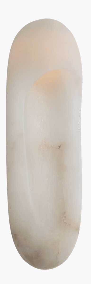 A tall, slender, and sculptural lighting fixture crafted from translucent, naturally veined alabaster. The lamp features an organic, elongated, and softly curved form, with an internal light source that casts a warm, diffused glow through the stone. A subtle, elongated indentation or opening near the top suggests where the primary illumination emanates from, contributing to its minimalist and contemporary aesthetic. — 3D model
