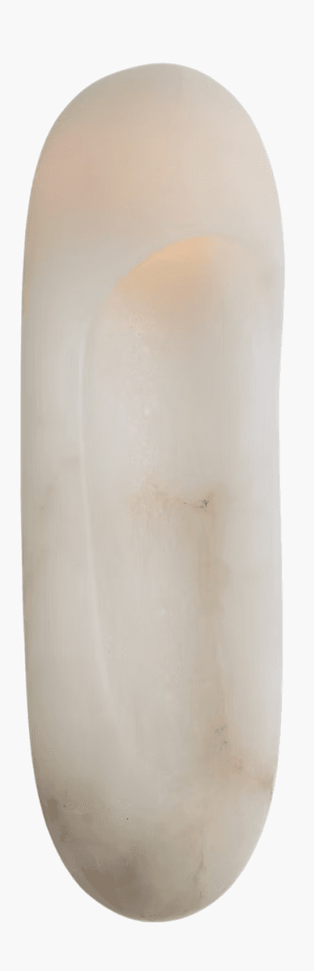 A tall, slender, and sculptural lighting fixture crafted from translucent, naturally veined alabaster. The lamp features an organic, elongated, and softly curved form, with an internal light source that casts a warm, diffused glow through the stone. A subtle, elongated indentation or opening near the top suggests where the primary illumination emanates from, contributing to its minimalist and contemporary aesthetic. — 3D model