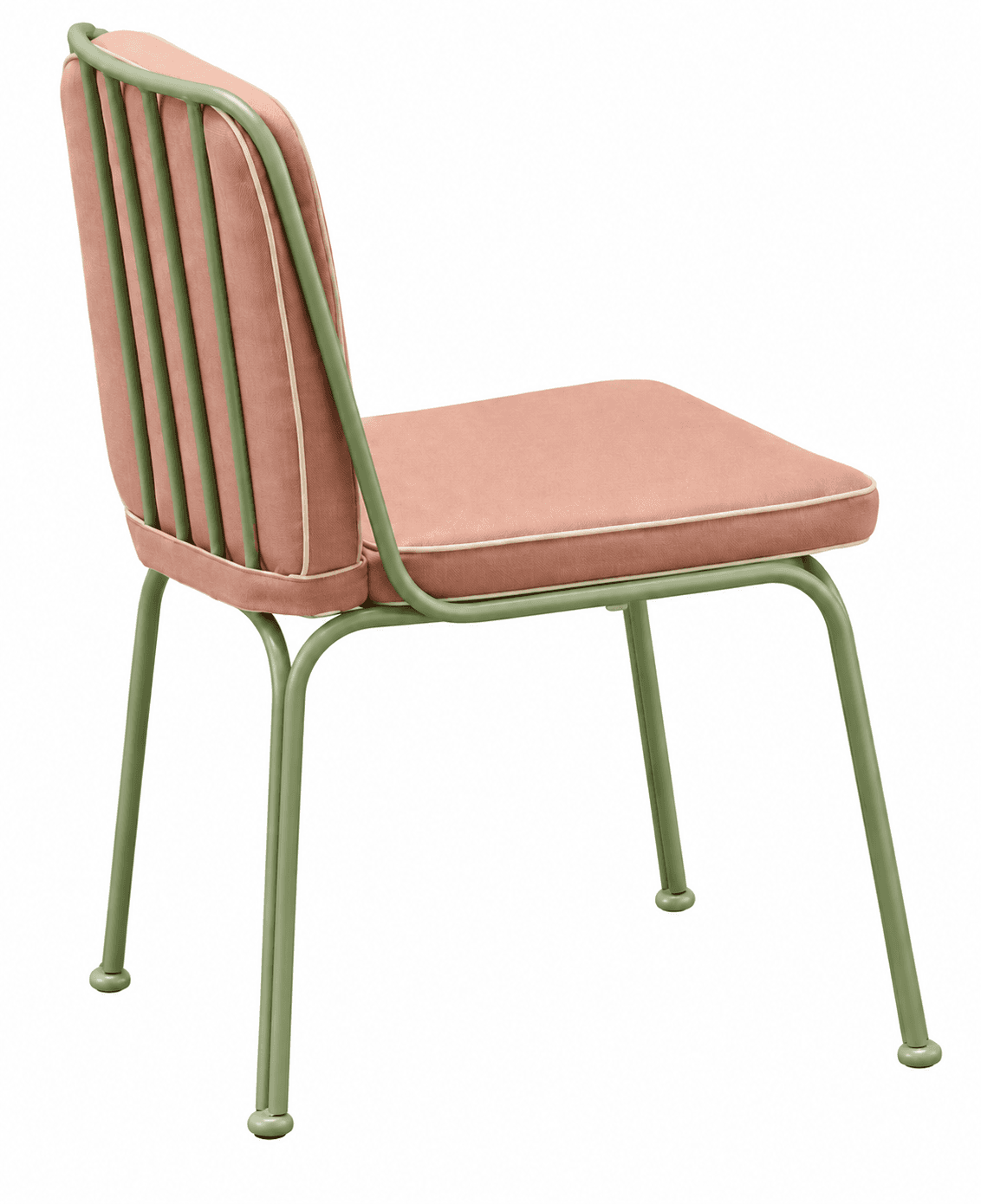 A contemporary chair featuring a sage green tubular metal frame and separate, removable cushions upholstered in a peach-pink fabric with light piping. The backrest design incorporates vertical metal slats that visually support the back cushion, which is rectangular with rounded corners. The seat cushion is also rectangular with rounded edges. The slender, slightly splayed legs contribute to a light and airy aesthetic. — 3D model