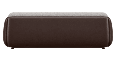 A side view of a rectangular ottoman featuring a two-tone upholstery design. The lower section is covered in smooth, dark brown material with softly rounded edges, and the upper section is a plush cushion upholstered in a light, textured fabric. Small, dark feet are visible at the base. — 3D model