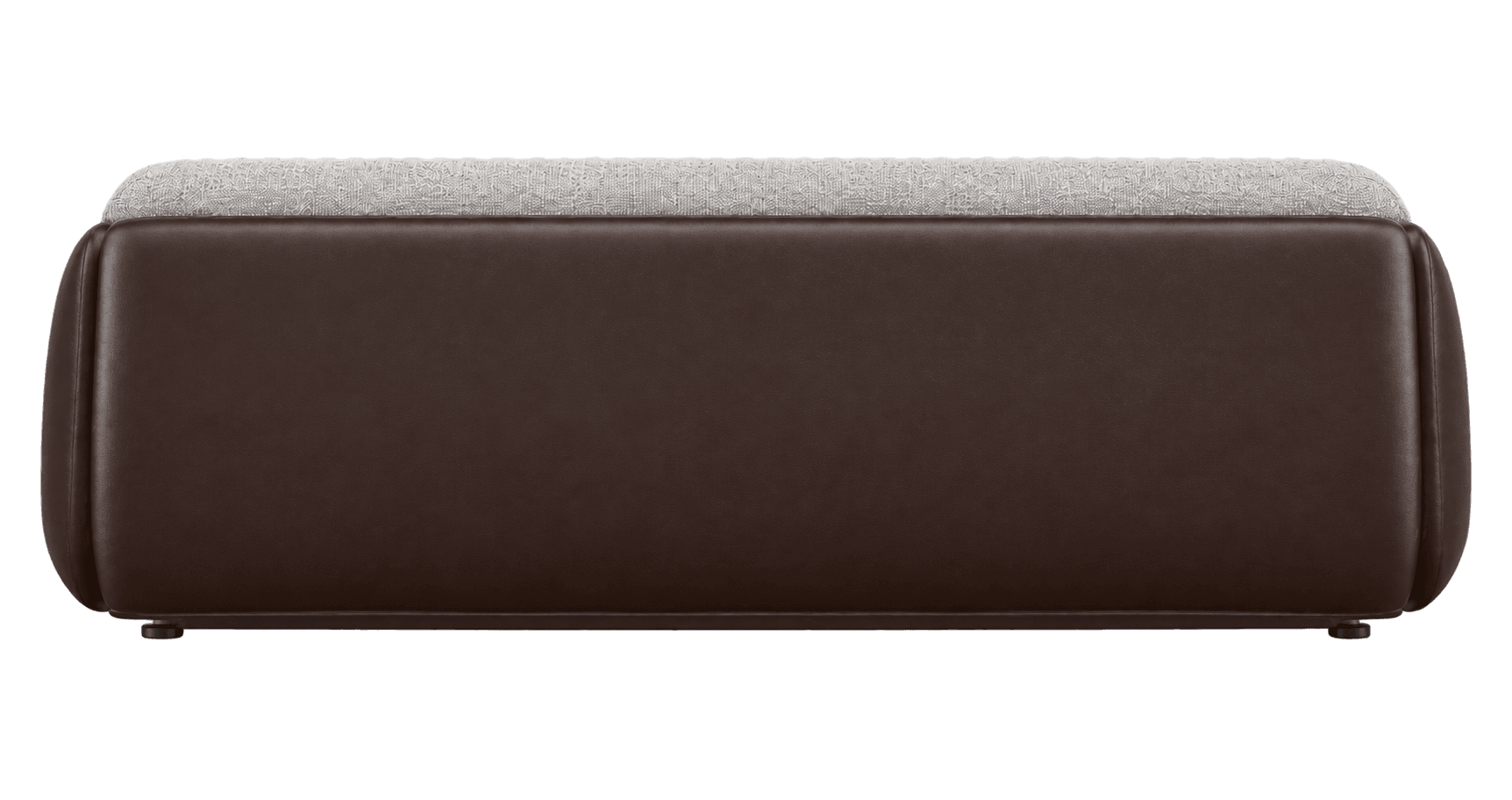 A side view of a rectangular ottoman featuring a two-tone upholstery design. The lower section is covered in smooth, dark brown material with softly rounded edges, and the upper section is a plush cushion upholstered in a light, textured fabric. Small, dark feet are visible at the base. — 3D model