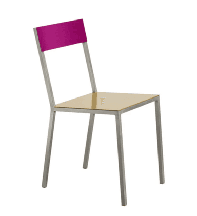 A modern side chair with a minimalist design. The frame is constructed from silver-toned metal, likely aluminum or steel, with clean lines and square profiles. The seat is a flat, rectangular panel of translucent green material, possibly colored glass or acrylic. The backrest consists of a horizontal element of a cream or off-white color, set within the upper portion of the metal frame. The chair has four legs of the same metal, providing a sturdy base. — 3D model