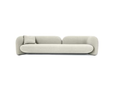 A contemporary sofa characterized by its soft, rounded forms, upholstered in a light, textured boucle fabric, and featuring a single loose back cushion. — 3D model