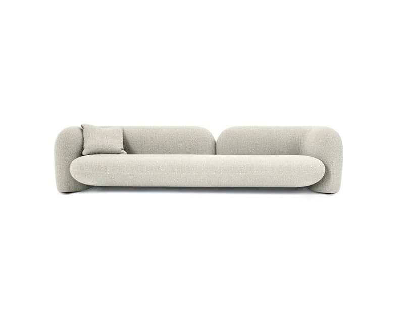 A contemporary sofa characterized by its soft, rounded forms, upholstered in a light, textured boucle fabric, and featuring a single loose back cushion. — 3D model