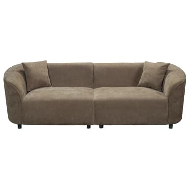 A modern three-seater sofa characterized by its distinctive rounded and inward-curving armrests and a low-profile design. The sofa is upholstered in a textured taupe fabric, giving it a soft yet durable appearance. It features two prominent, plush seat cushions that appear to be individually supported, suggesting a two-section or modular construction. Two smaller, matching throw pillows are placed at each end. The sofa rests on short, dark, cylindrical legs, which contribute to its contemporary aesthetic. — 3D model