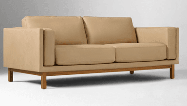 A modern two-seater sofa upholstered in light tan leather, featuring an exposed light wooden frame and slender tapered wooden legs. The sofa has distinct box-style seat and back cushions, and relatively thin, straight armrests. — 3D model