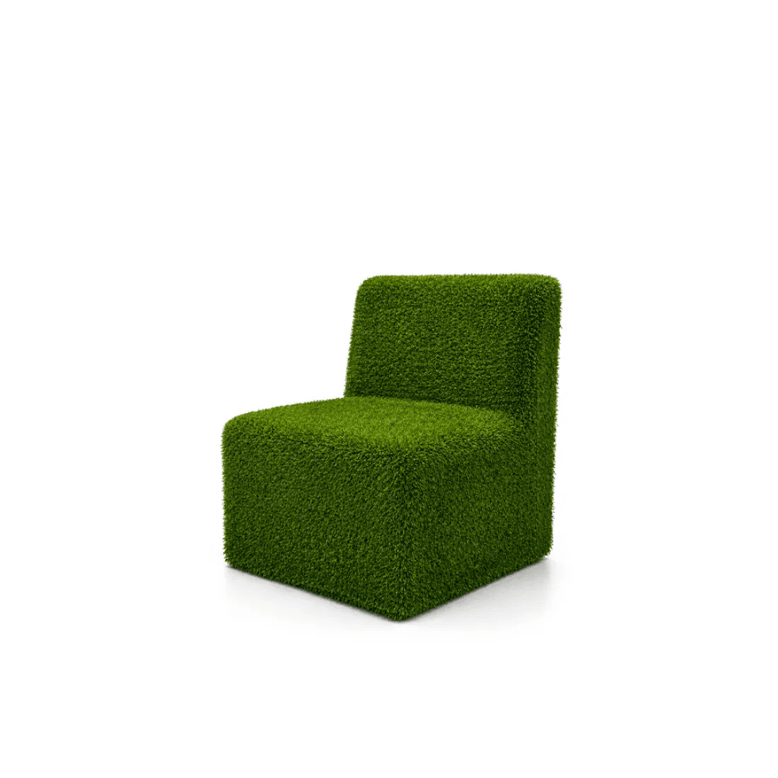 An armless accent chair fully covered in artificial grass, rendered against a plain white background, presenting a unique, blocky silhouette. — 3D model