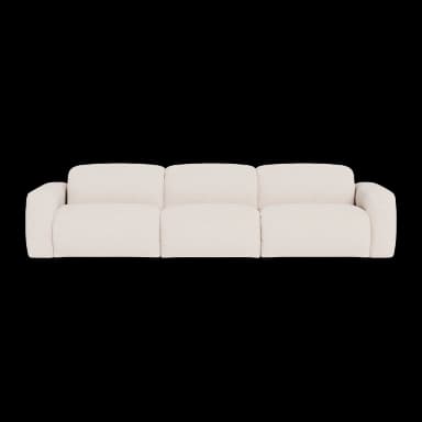 A single, deeply cushioned armchair, upholstered in a light-colored fabric, presented against a white background. The chair features a low-profile design with generous padding on the seat, backrest, and armrest, emphasizing comfort and a contemporary aesthetic. — 3D model