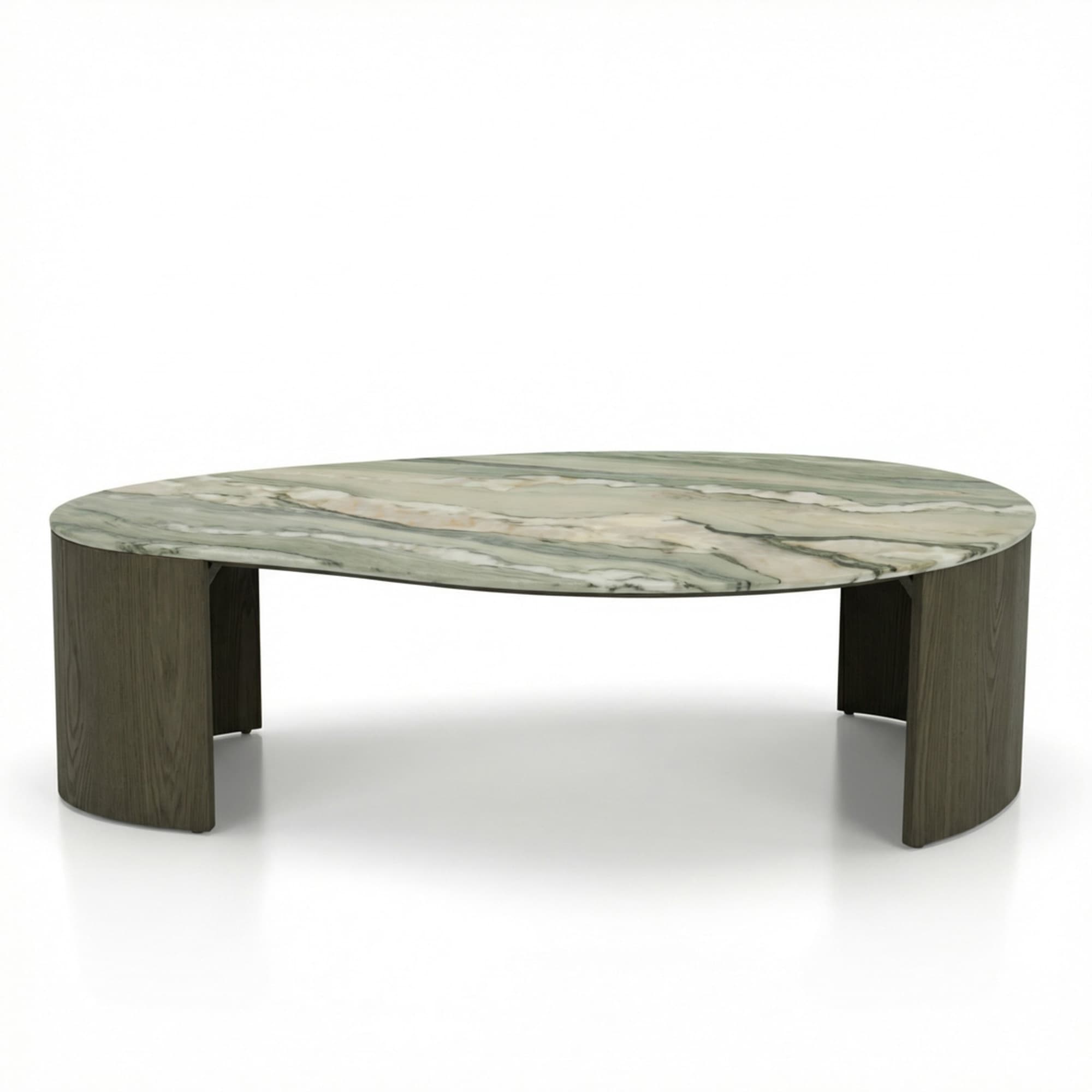 A contemporary coffee table featuring an irregular oval or kidney-shaped top made of green and white marbled stone, supported by two curved, dark wood panel legs. — 3D model