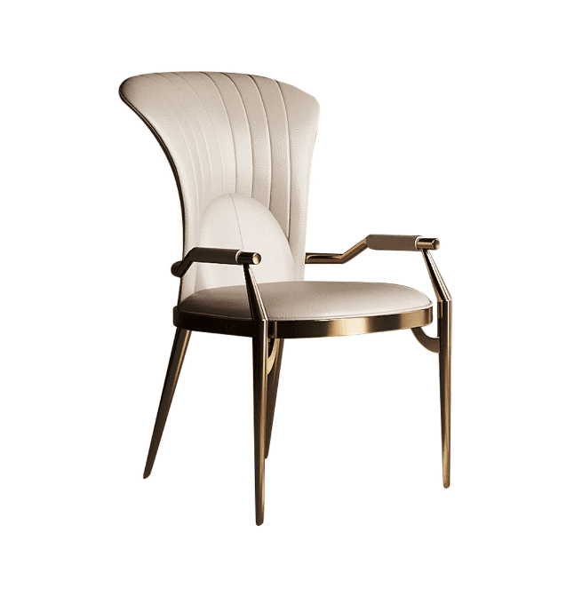 A stylish contemporary armchair featuring a high, curved back and seat upholstered in cream or beige material with vertical channel tufting on the backrest. The chair boasts a polished gold-tone metal frame that forms the legs and armrests, with padded sections on the armrests for comfort. Its design is sleek and luxurious. — 3D model
