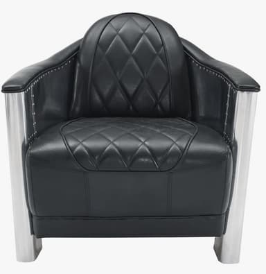 A black leather armchair with a diamond-stitched pattern on the seat and back. The armchair features polished aluminum or metal accents on the arms and base, with visible rivets along the edges of the metalwork. The design evokes an aviator or industrial aesthetic. — 3D model
