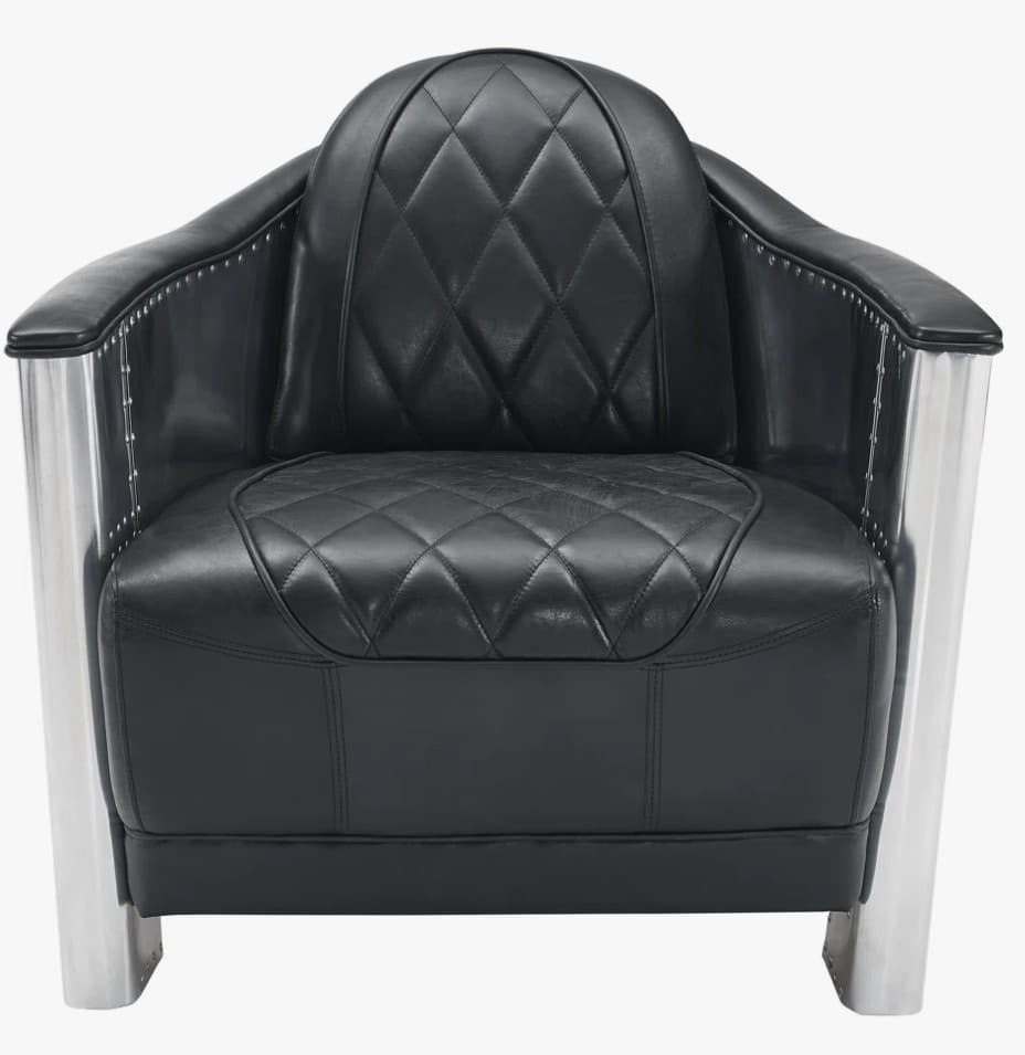 A black leather armchair with a diamond-stitched pattern on the seat and back. The armchair features polished aluminum or metal accents on the arms and base, with visible rivets along the edges of the metalwork. The design evokes an aviator or industrial aesthetic. — 3D model