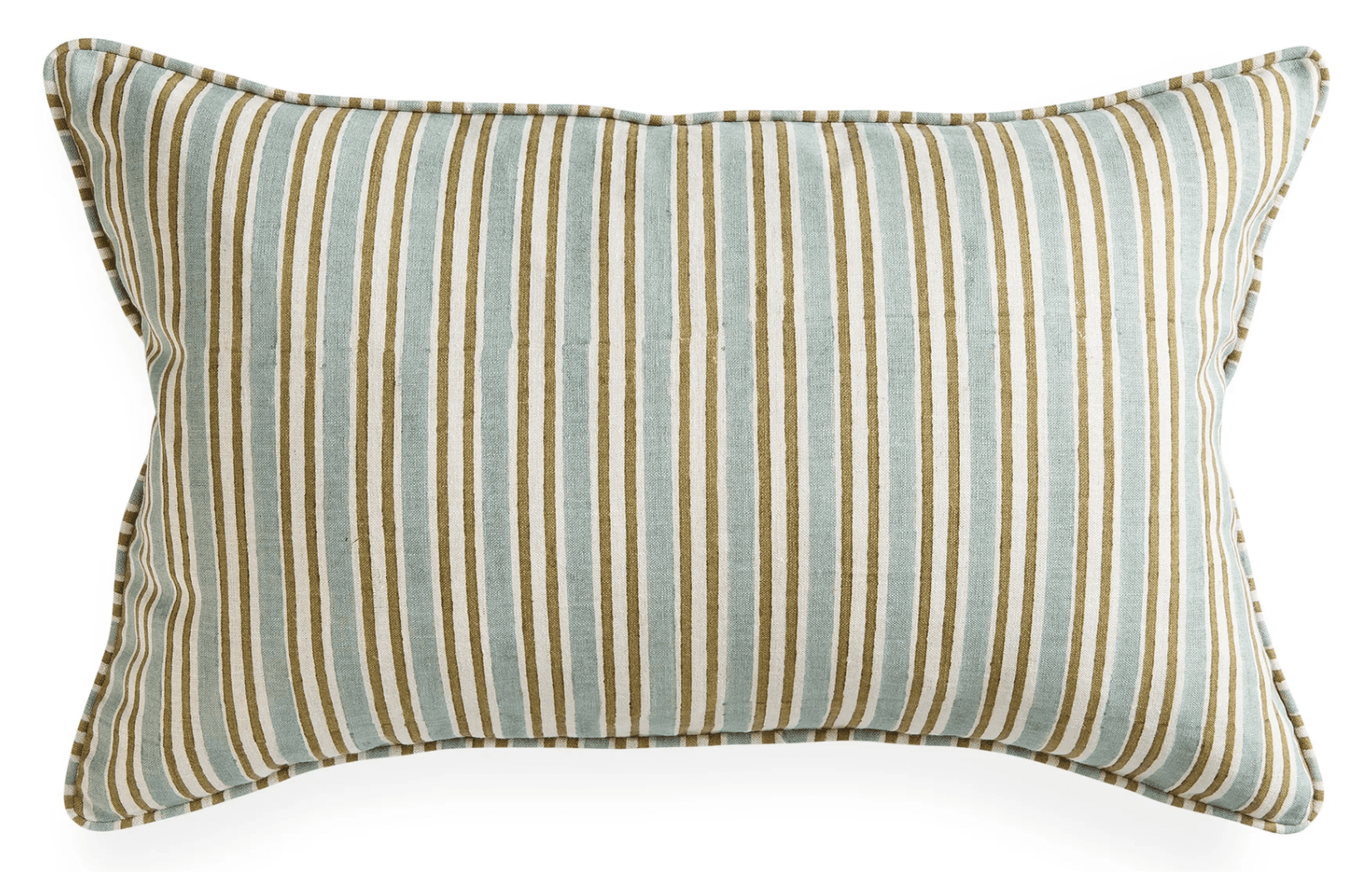 A rectangular cushion with a striped pattern. The stripes are vertical and consist of alternating light blue, white, and thin brown lines. The edges of the cushion are piped with a trim that matches the brown stripes. — 3D model