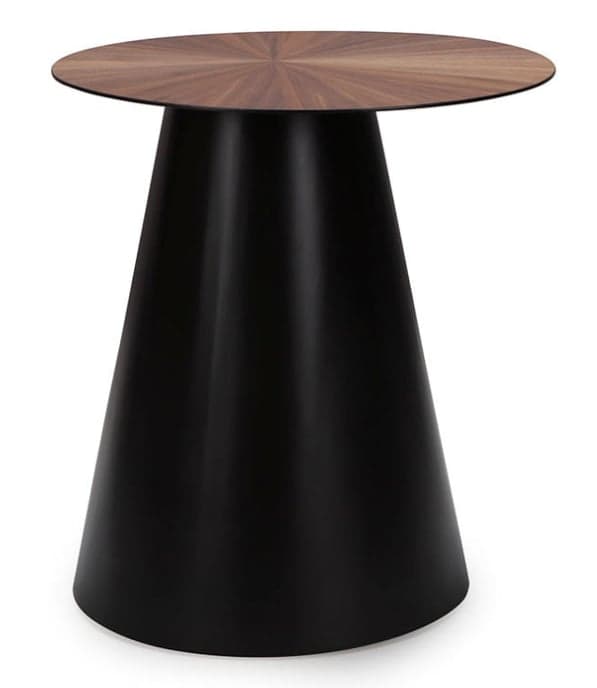 A modern side table featuring a round tabletop with a distinctive starburst wood veneer pattern, supported by a sleek, black conical pedestal base. — 3D model