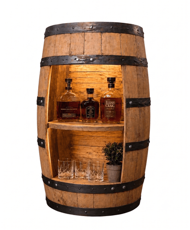 A rustic bar cabinet constructed from a repurposed wooden barrel, featuring internal shelving and subtle lighting. The barrel retains its original curved form and is reinforced with dark metal bands. The interior houses two shelves, suitable for storing bottles and glassware, with a warm light illuminating the contents. — 3D model