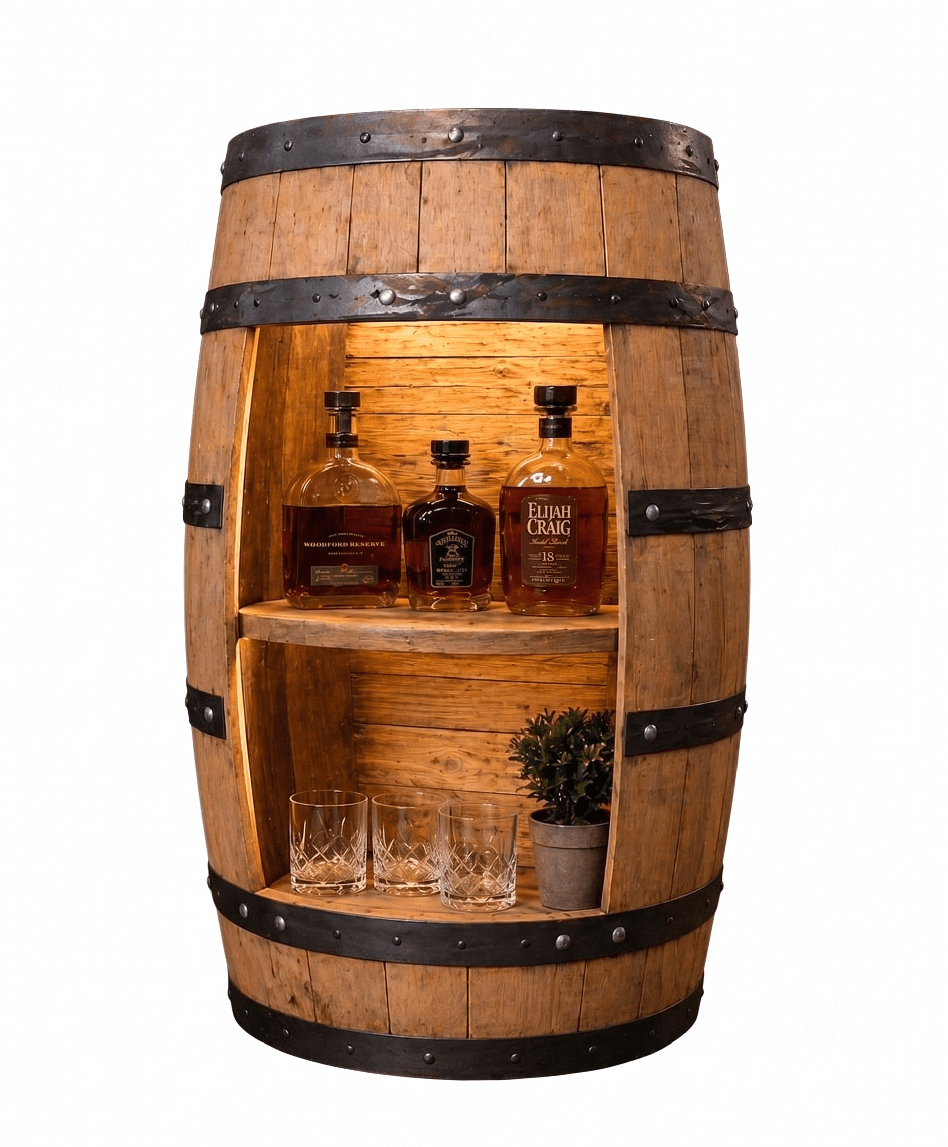 A rustic bar cabinet constructed from a repurposed wooden barrel, featuring internal shelving and subtle lighting. The barrel retains its original curved form and is reinforced with dark metal bands. The interior houses two shelves, suitable for storing bottles and glassware, with a warm light illuminating the contents. — 3D model
