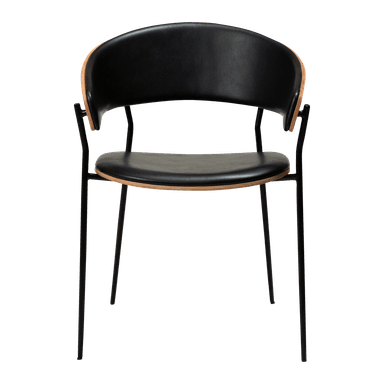 A modern accent chair featuring a curved black upholstered backrest and seat, supported by a thin, black metal frame. The chair has a distinctive curved wooden accent on the sides of the backrest, providing a contrast in materials and color. The legs are slender and angled outwards. — 3D model
