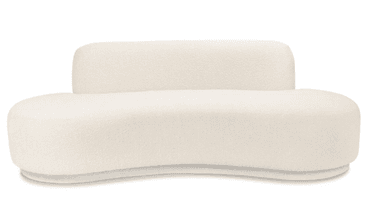 A contemporary sofa with a distinctive curved silhouette and a textured boucle upholstery. The design features a low profile base that curves outward, supporting a plush, rounded seating area. A vertically oriented, rounded backrest is integrated into the rear of the sofa, providing a unique visual element and support. The overall form is organic and inviting, with soft edges and a substantial yet streamlined appearance. — 3D model