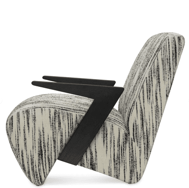 An armchair with a distinctively shaped frame and upholstery. The armchair features a high back and a seat that curves around the sides. The armrests are made of a dark, angular wooden frame that contrasts with the upholstered seat and back. The upholstery is a textured fabric with a pattern of irregular vertical black lines on a cream background. The base of the chair is not fully visible but appears to be integrated with the overall structure. — 3D model