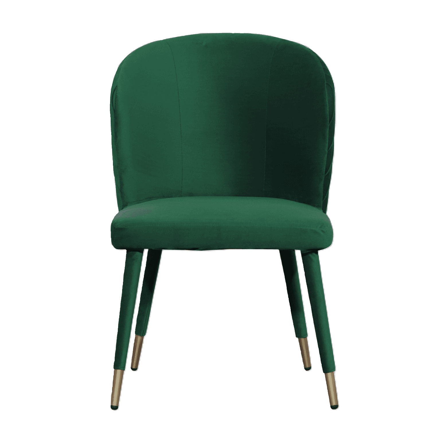 A contemporary accent chair upholstered in emerald green velvet. It features a gently curved, high back and a padded seat. The chair is supported by four slender, tapered legs made of metal with a brass finish at the foot of each leg. — 3D model