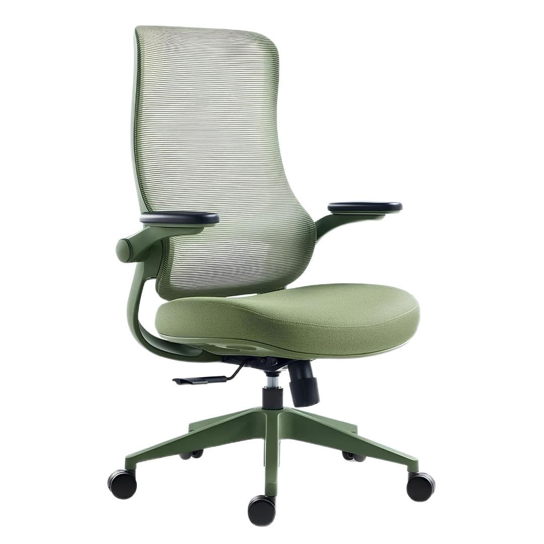 An ergonomic office chair featuring a high mesh back and a thickly padded, upholstered seat, both in a muted olive green color. It has a five-star caster base for mobility and adjustable armrests with black pads. The frame and base are also in a matching green tone, indicative of a modern office aesthetic. — 3D model