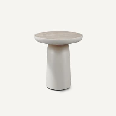 A round-top end table with a single pedestal base. The tabletop has a light wood grain pattern. The base is a solid, matte white, tapering from a wider top to a narrower bottom, with a subtle lip where it meets the tabletop. The base appears to be cylindrical with a slight curve outwards at the top before tapering inwards. — 3D model