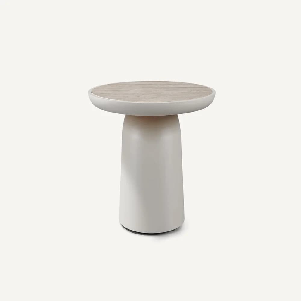 A round-top end table with a single pedestal base. The tabletop has a light wood grain pattern. The base is a solid, matte white, tapering from a wider top to a narrower bottom, with a subtle lip where it meets the tabletop. The base appears to be cylindrical with a slight curve outwards at the top before tapering inwards. — 3D model