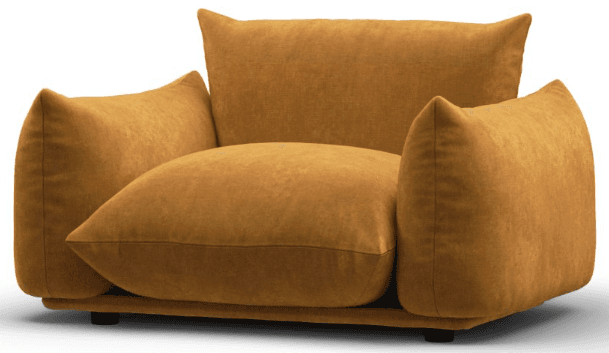 A plush and oversized armchair with deep cushioning and rounded arms. The armchair features a low profile with a sturdy base and accentuating seams on the pillows. The upholstery has a soft, textured finish. — 3D model
