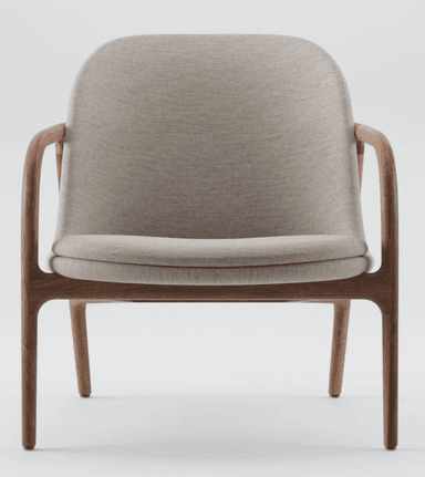 A contemporary lounge chair featuring a gracefully curved solid wood frame, likely walnut, that forms the legs, armrests, and back support in a continuous, flowing line. The seat and backrest are upholstered in a light beige or light gray textured fabric, nestled within the wooden structure. The design emphasizes organic forms and ergonomic comfort. — 3D model