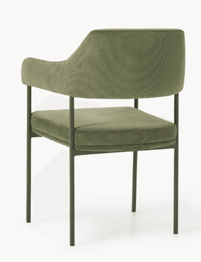 A modern armchair with a gently curved backrest and armrests. The upholstery features a corduroy texture. The frame consists of slender, dark green metal legs. — 3D model