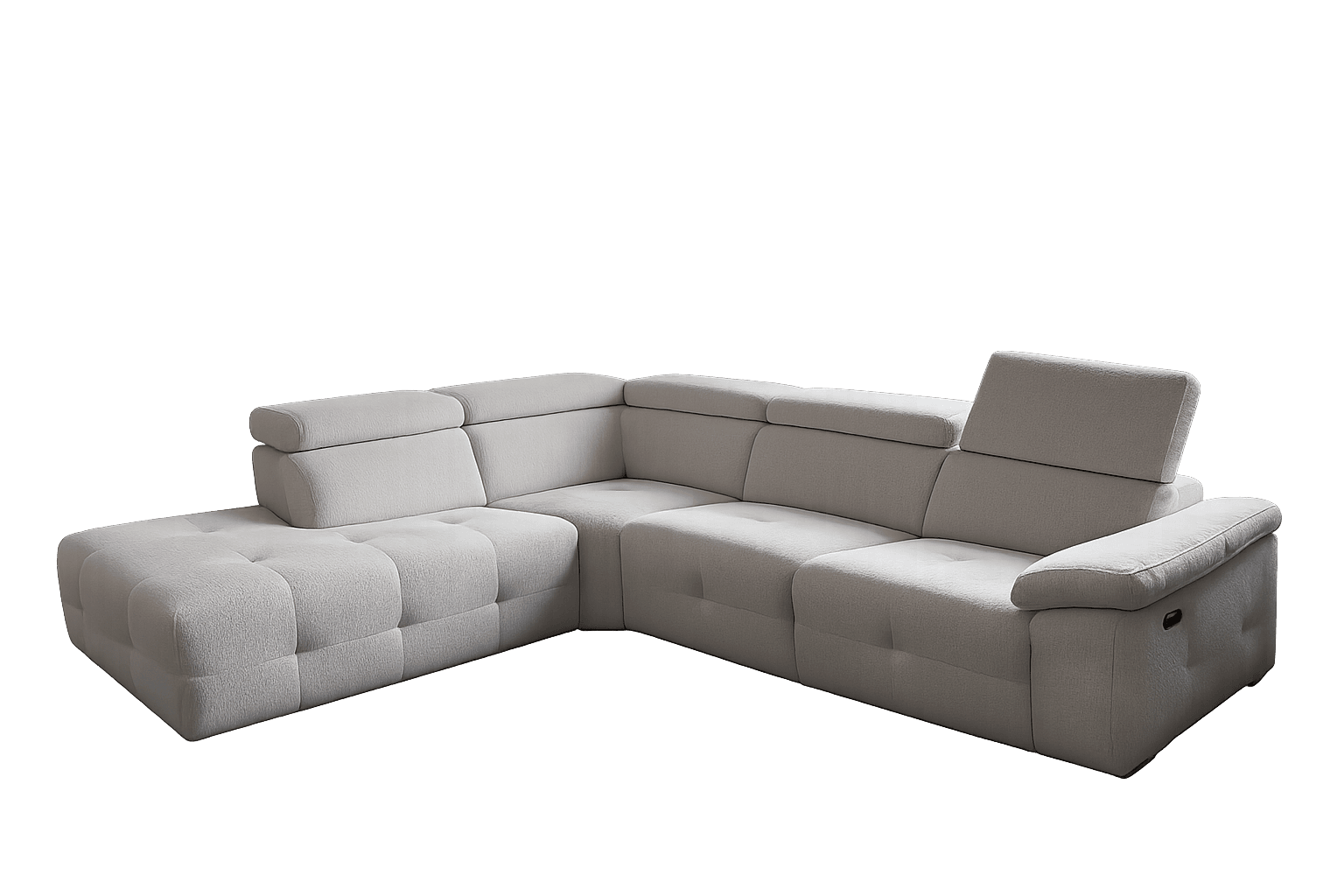 A large, L-shaped sectional sofa upholstered in a light-colored, textured fabric. The sofa features multiple seating modules, including a chaise lounge on the left side. The backrests are adjustable with headrests that can be raised or lowered. The seat cushions on the chaise section are tufted, creating a quilted appearance. The right end of the sofa appears to have reclining functionality, indicated by a small black lever on the side. — 3D model