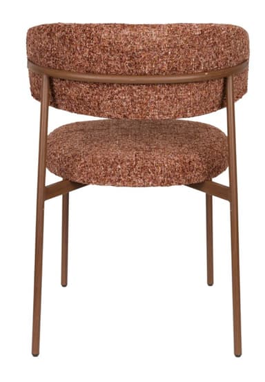A modern armchair with a curved backrest and a circular seat. The armchair features a metal frame with slender legs and a curved metal support connecting the backrest. Both the seat and backrest are upholstered in a textured, multi-tonal reddish-brown fabric. — 3D model